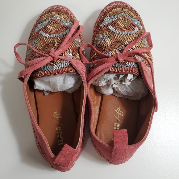 Free People 37 Llani Beaded Moccasins Pink Suede Leather Boho Flat Metallic - Picture 7 of 12